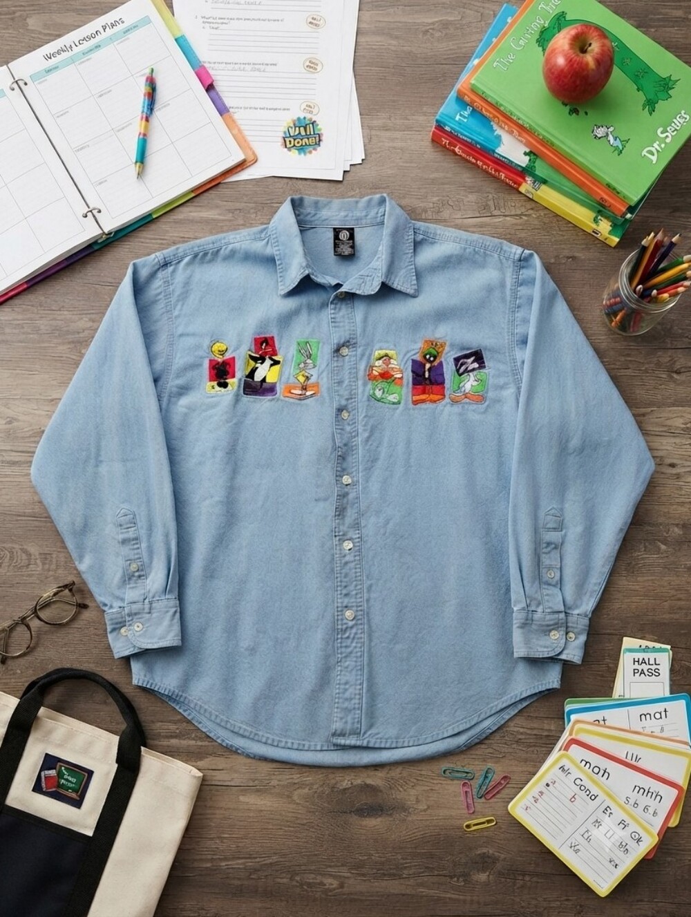 Vintage Looney Tunes Denim Shirt WB Store Embroidered Large 100% Cotton Tweety
